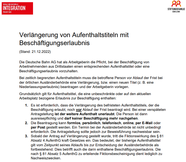 Infoblatt Verlängerung von Aufenthaltstiteln mit Beschäftigungserlaubnis