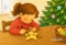 Mädchen mit rotem Pullover schreibt mit schwarzem Stift auf einen sternförmigen Anhänger am Holztisch neben einem geschmückten Weihnachtsbaum, im Illustrations-Stil