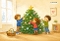 Drei Kinder schmücken einen Weihnachtsbaum mit Sternen in einem hellen Wohnzimmer mit Fenster, Korb und Bücherregal, im Illustrations-Stil