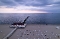 Luftaufnahme eines langen Stegs mit Ahlbecker Seebrücke am Strand und Reihen von Strandkörben bei bewölktem Himmel über ruhigem Meer